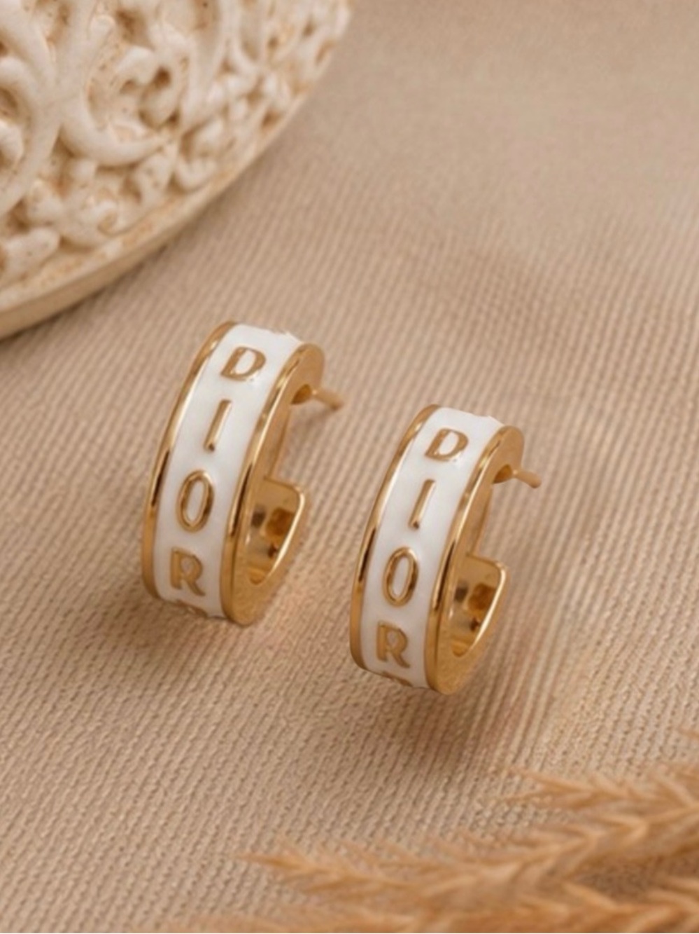Dainty Gold and White Hoop Earrings with Letter Designer Inspired